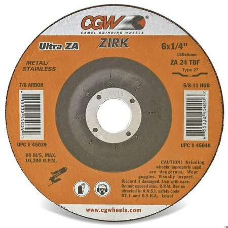 CGW ABRASIVES Flat Depressed Center Wheel, 4-1/2 in Dia x 1/4 in THK, 24 Grit, Zirconia Alumina Abrasive 35625